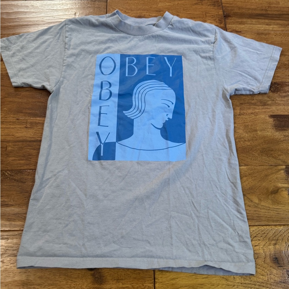 Obey Gray Tee with Blue Artistic Print